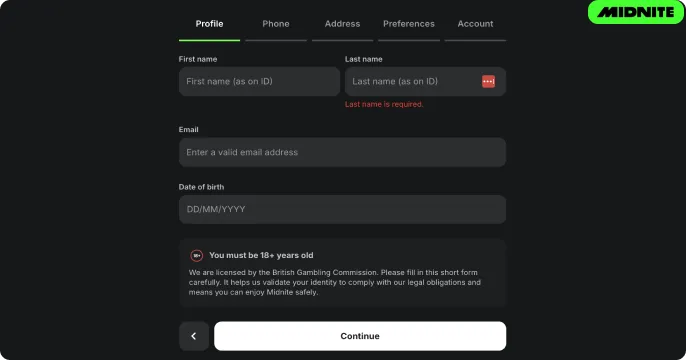 Midnite casino Sign up Process